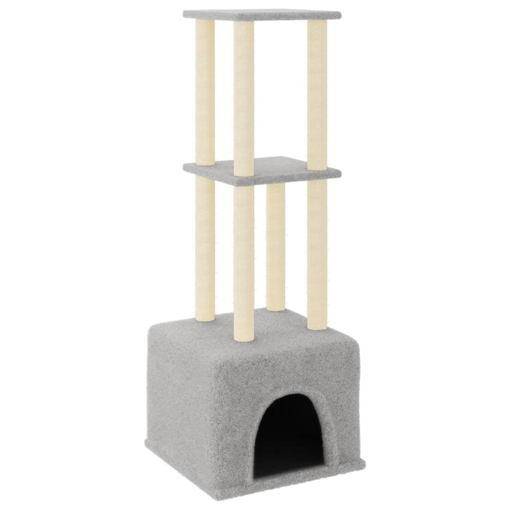 Cat house with sisal rope scratching posts, light grey, 133.5 cm