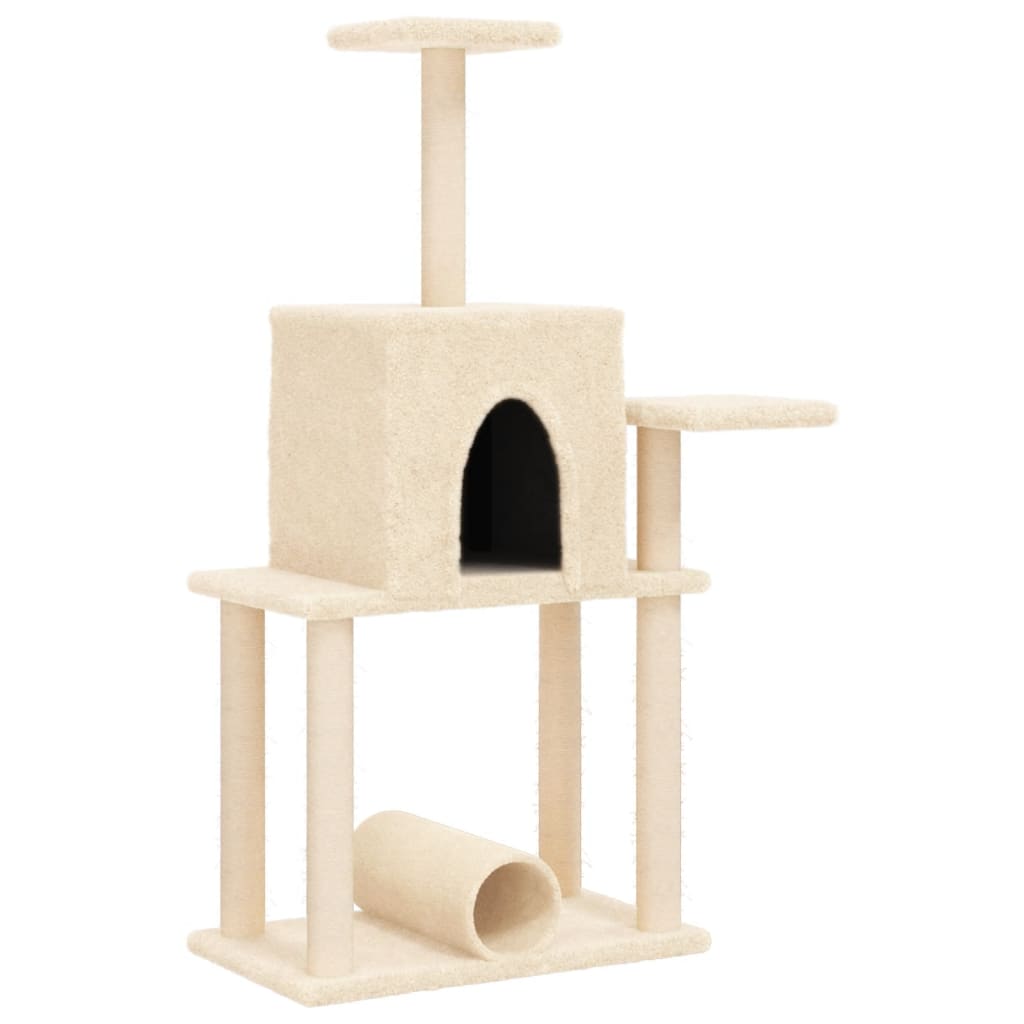 Cat house with sisal rope and scratching post, cream, 122 cm