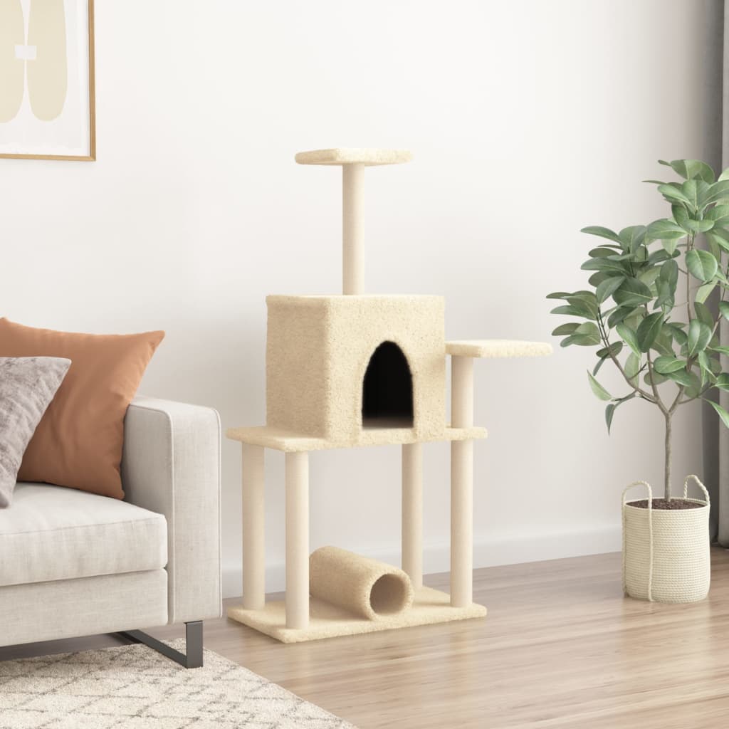 Cat house with sisal rope and scratching post, cream, 122 cm