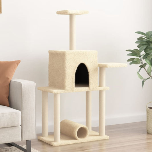 Cat house with sisal rope and scratching post, cream, 122 cm