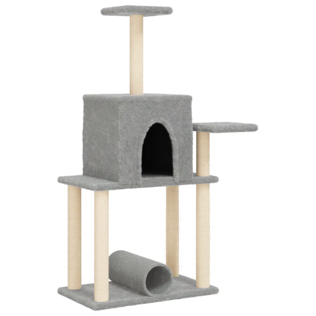 Cat house with sisal rope and scratching post, light grey, 122 cm