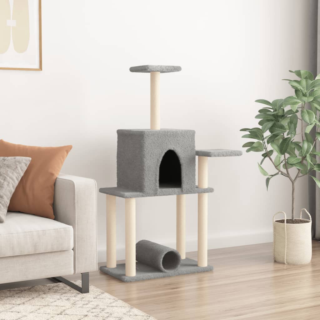 Cat house with sisal rope and scratching post, light grey, 122 cm