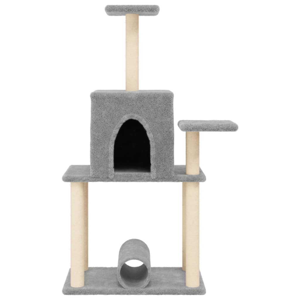 Cat house with sisal rope and scratching post, light grey, 122 cm