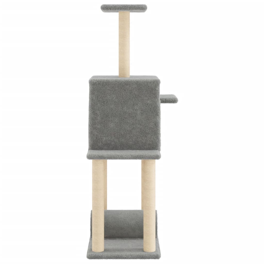 Cat house with sisal rope and scratching post, light grey, 122 cm