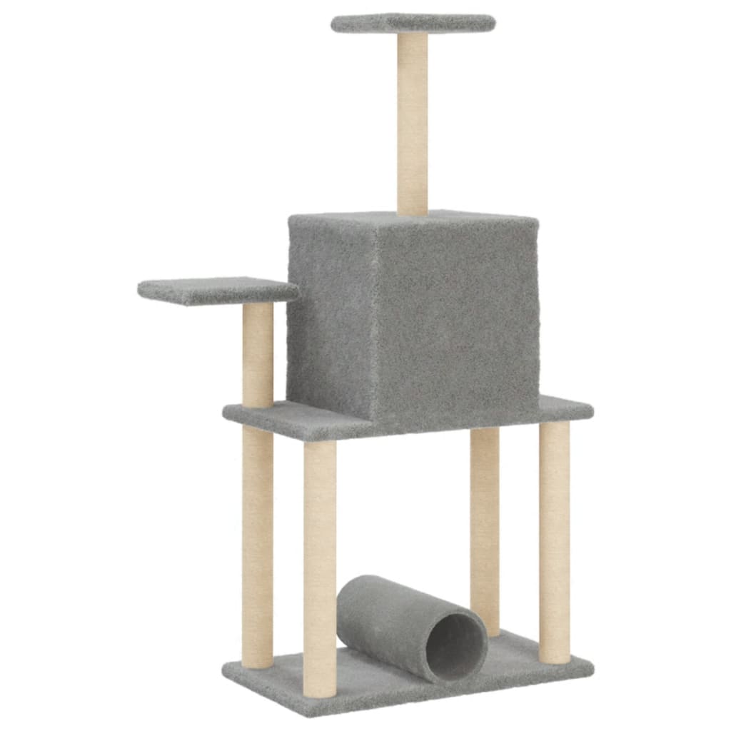 Cat house with sisal rope and scratching post, light grey, 122 cm