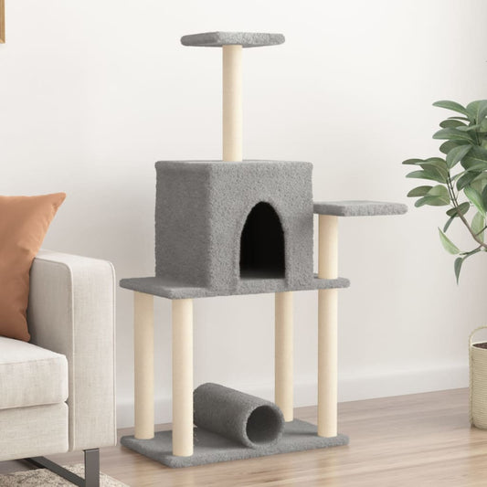 Cat house with sisal rope and scratching post, light grey, 122 cm