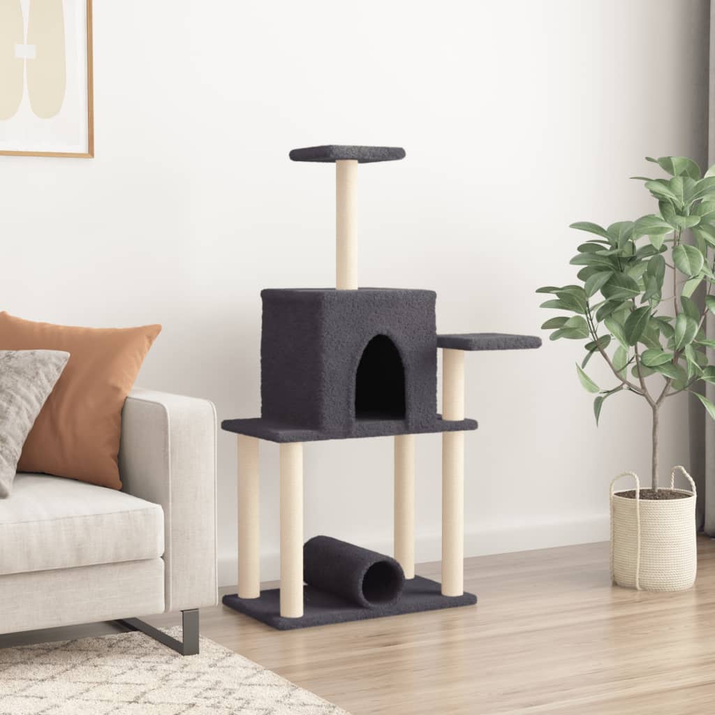 Cat house with sisal rope scratching posts, dark grey, 122 cm