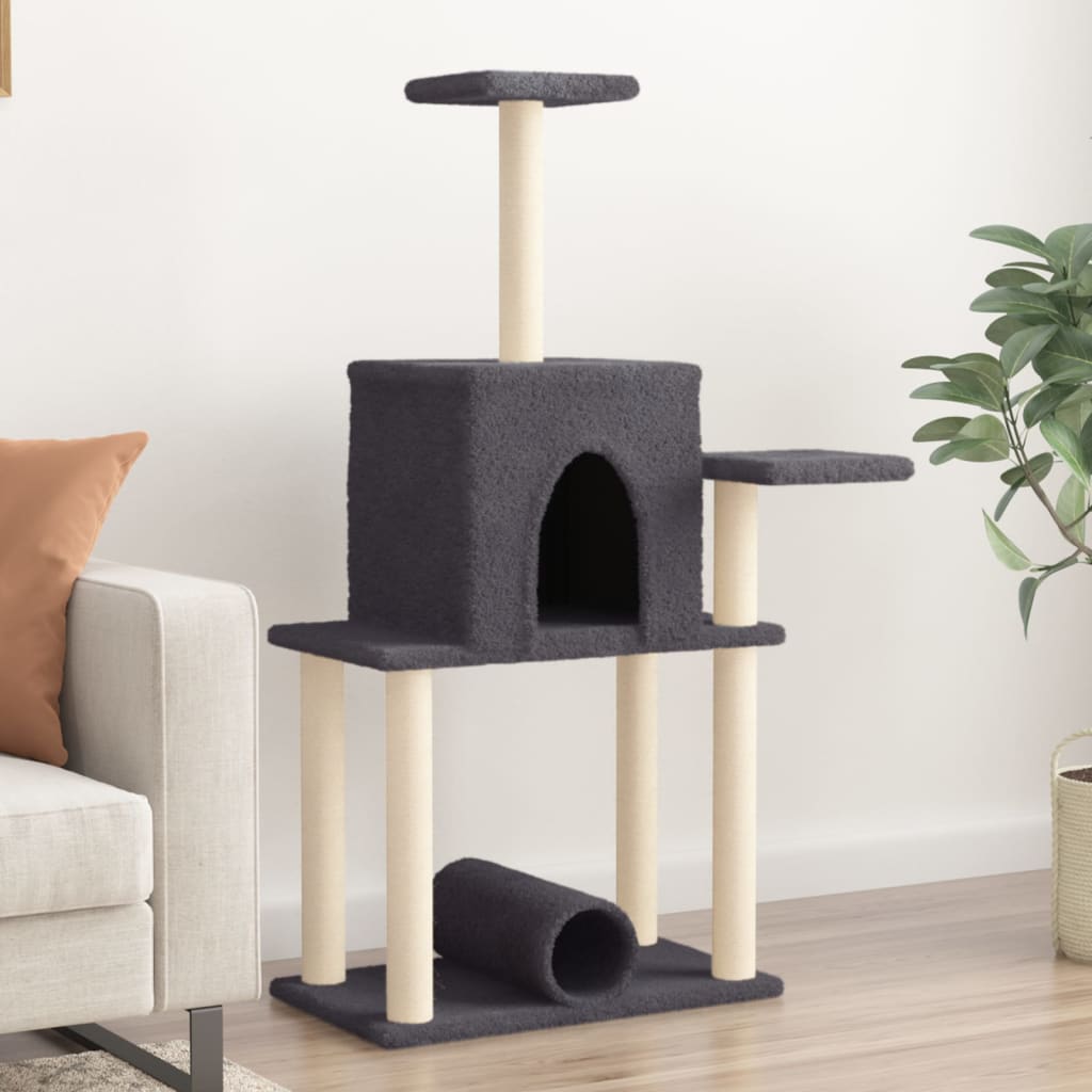 Cat house with sisal rope scratching posts, dark grey, 122 cm