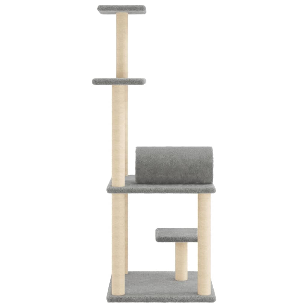 Cat house with sisal rope scratching posts, light grey, 136 cm