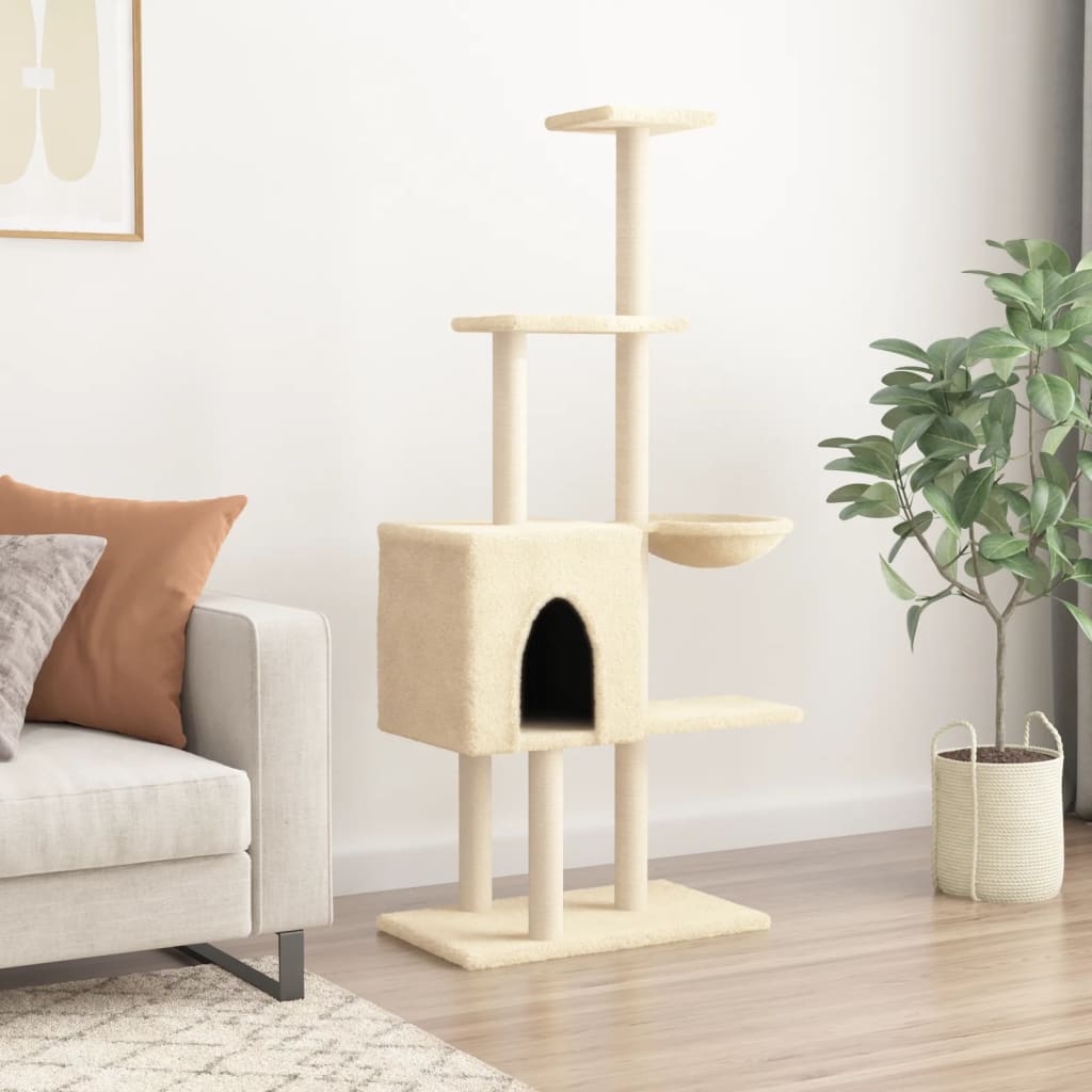 Cat house with sisal rope and scratching post, cream, 145 cm