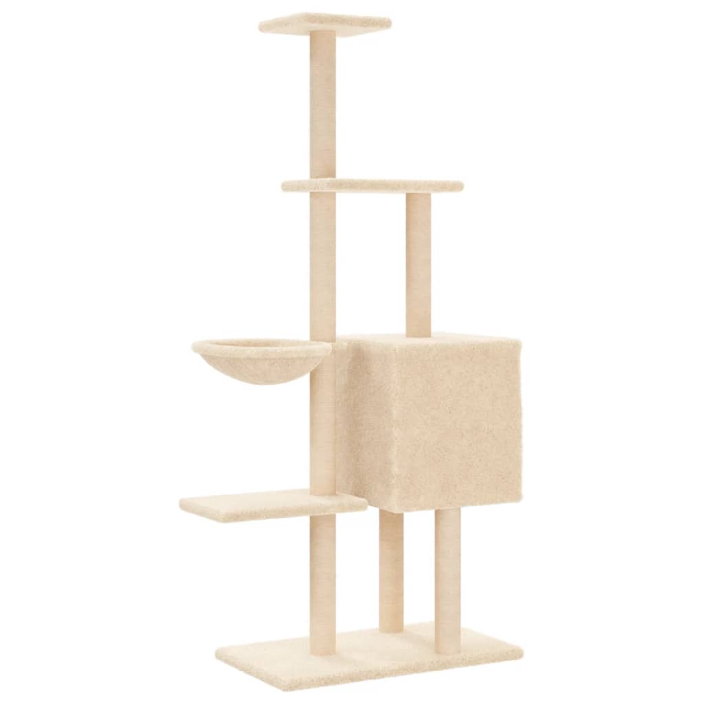 Cat house with sisal rope and scratching post, cream, 145 cm