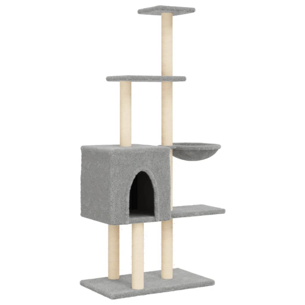 Cat house with sisal rope and scratching post, light grey, 145 cm