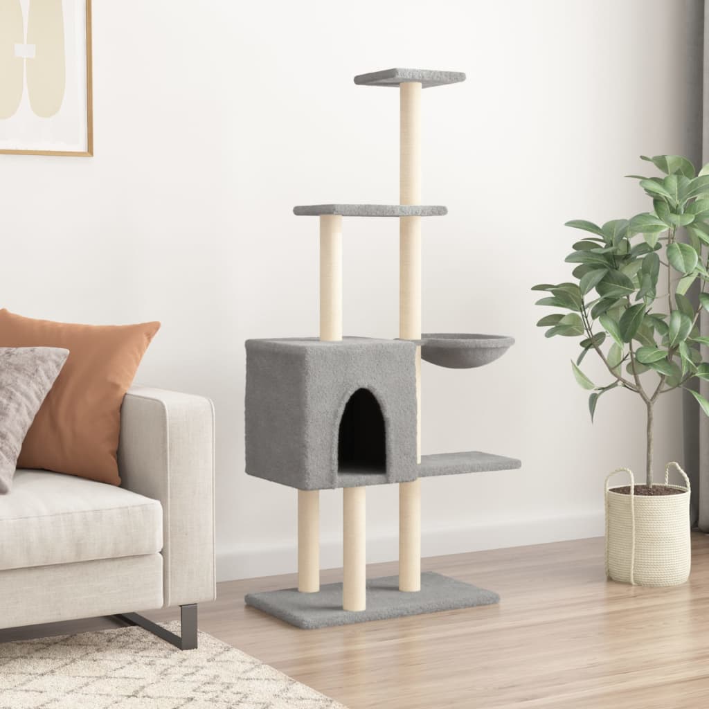 Cat house with sisal rope and scratching post, light grey, 145 cm