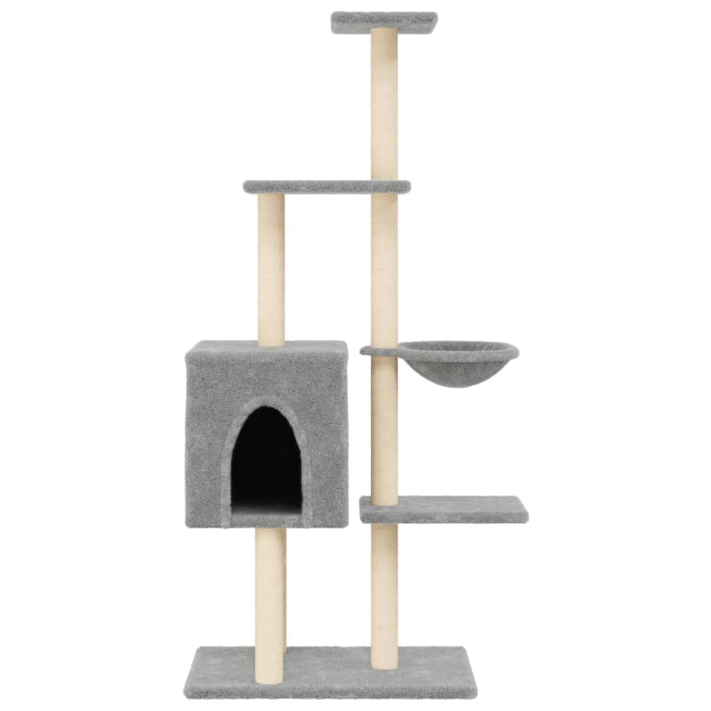 Cat house with sisal rope and scratching post, light grey, 145 cm