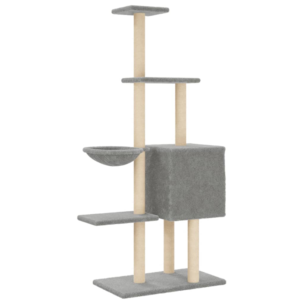 Cat house with sisal rope and scratching post, light grey, 145 cm