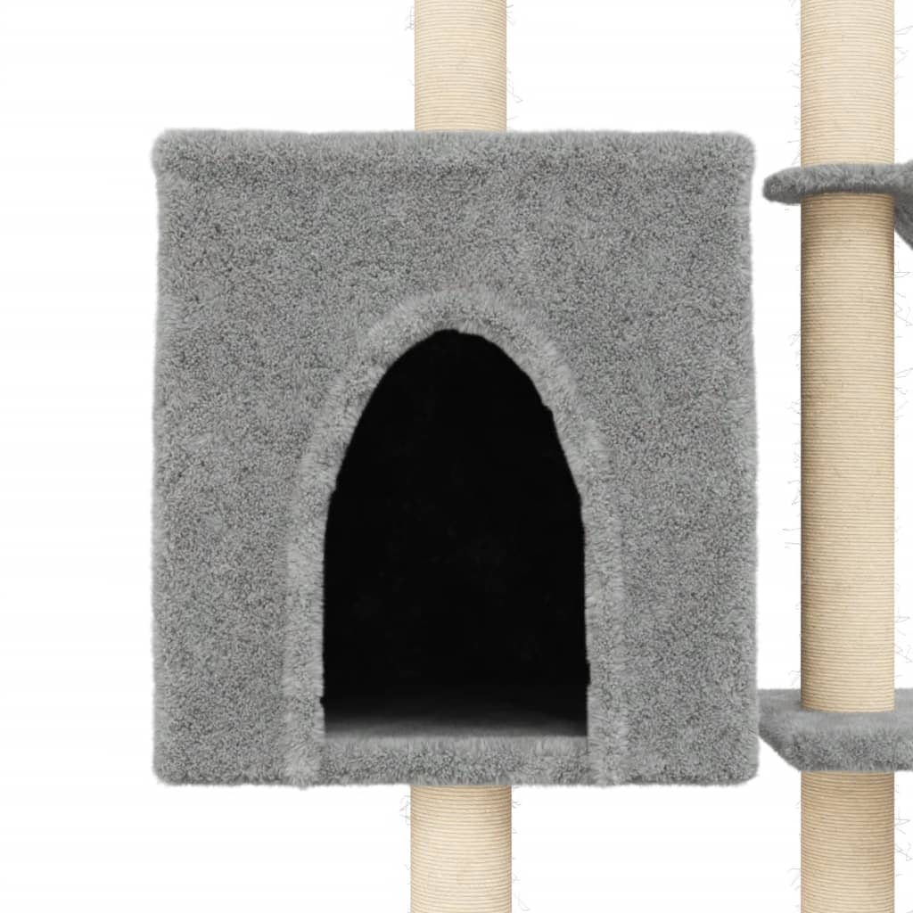 Cat house with sisal rope and scratching post, light grey, 145 cm