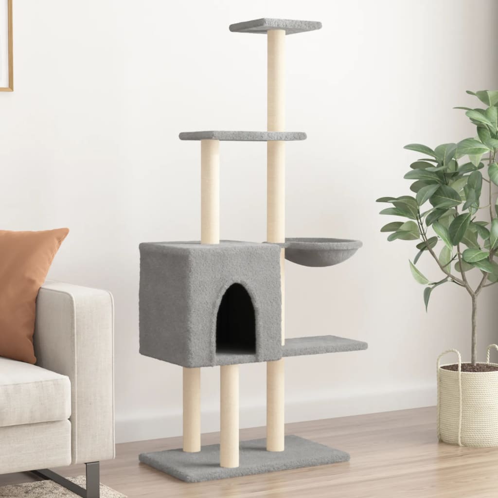 Cat house with sisal rope and scratching post, light grey, 145 cm