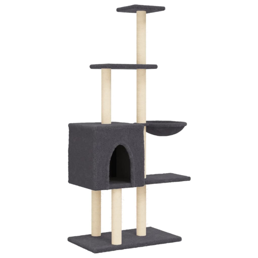 Cat house with sisal rope and scratching post, dark grey, 145 cm