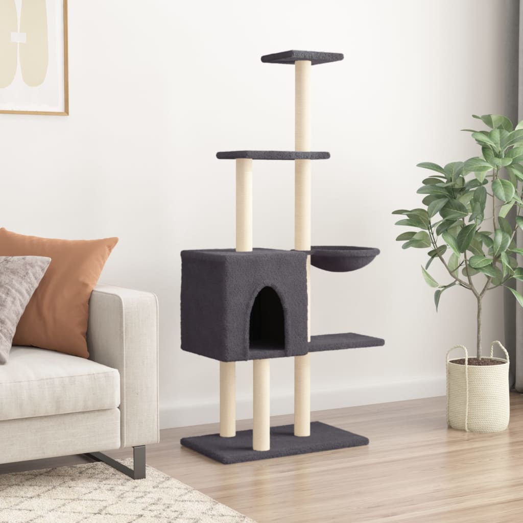 Cat house with sisal rope and scratching post, dark grey, 145 cm