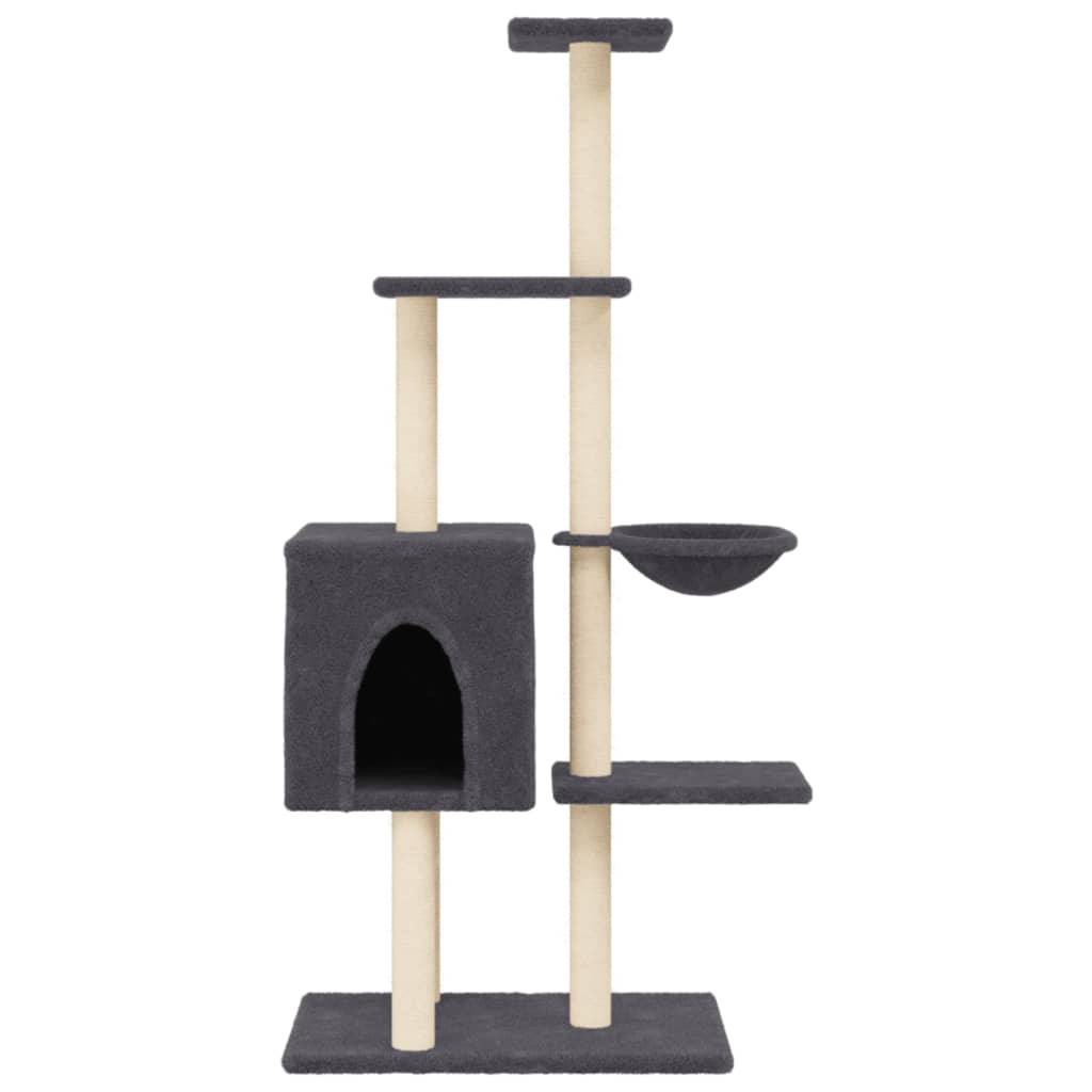 Cat house with sisal rope and scratching post, dark grey, 145 cm