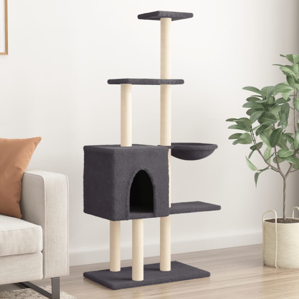 Cat house with sisal rope and scratching post, dark grey, 145 cm