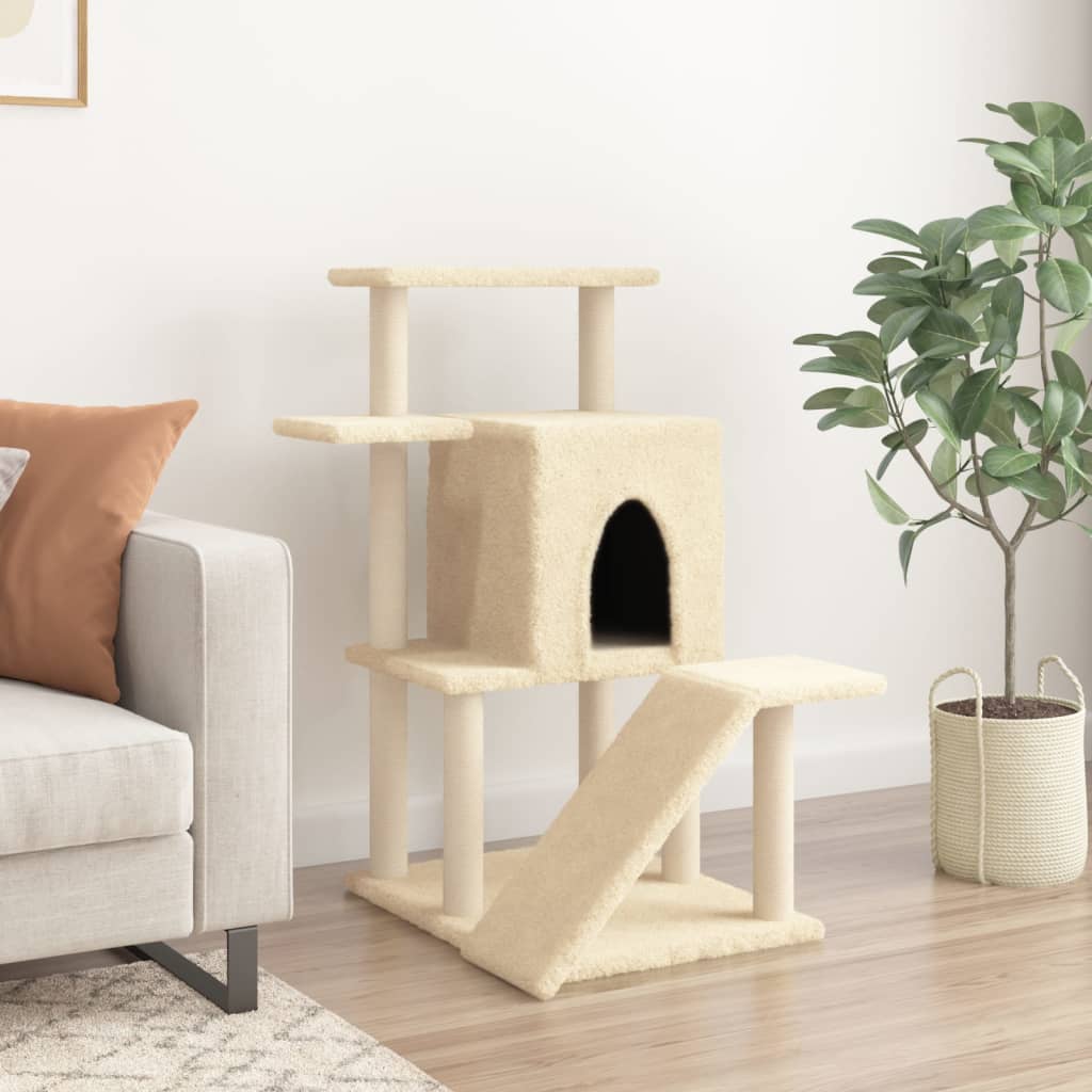 Cat house with sisal rope scratching posts, cream, 97 cm