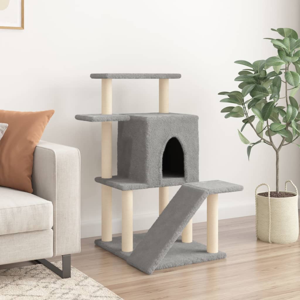 Cat house with sisal rope scratching posts, light grey, 97 cm