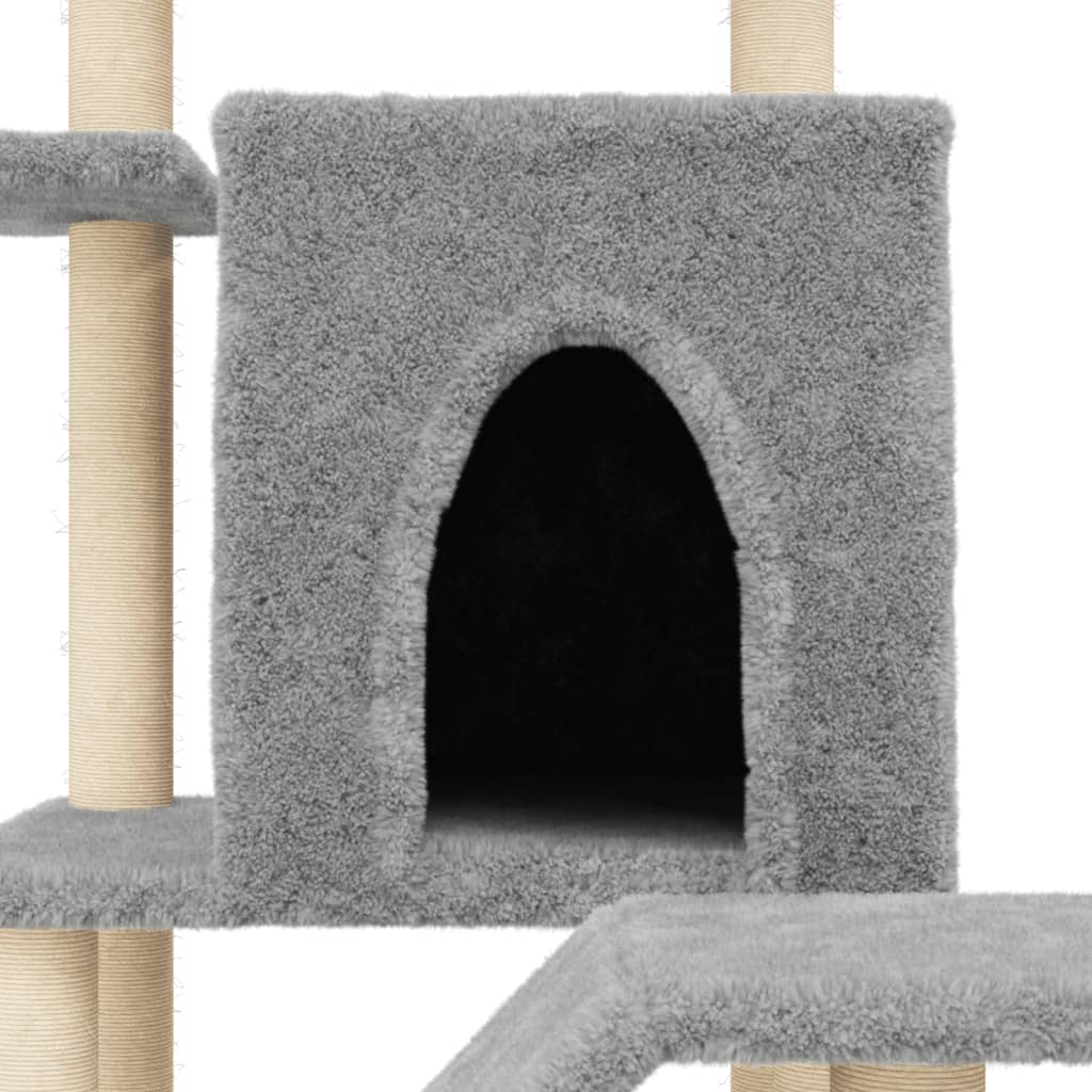 Cat house with sisal rope scratching posts, light grey, 97 cm