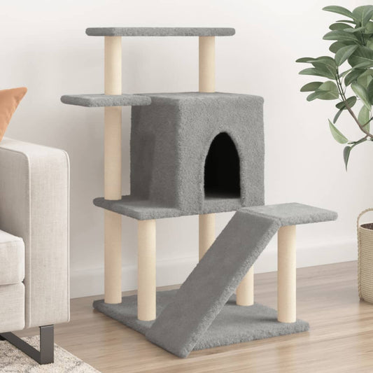 Cat house with sisal rope scratching posts, light grey, 97 cm