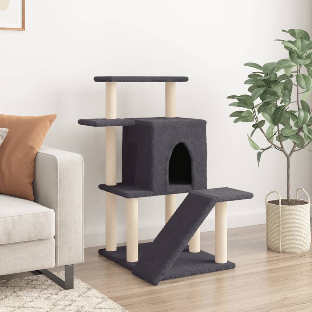 Cat house with sisal rope scratching posts, dark grey, 97 cm