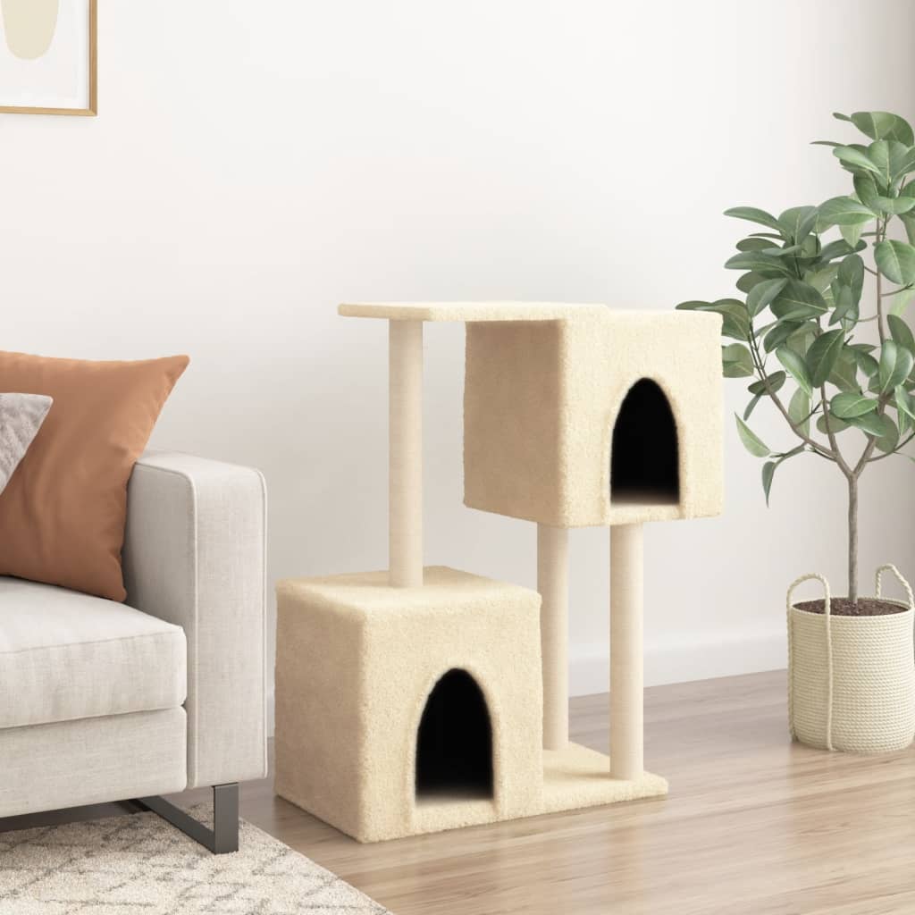 Cat house with sisal rope and scratching post, cream, 86 cm