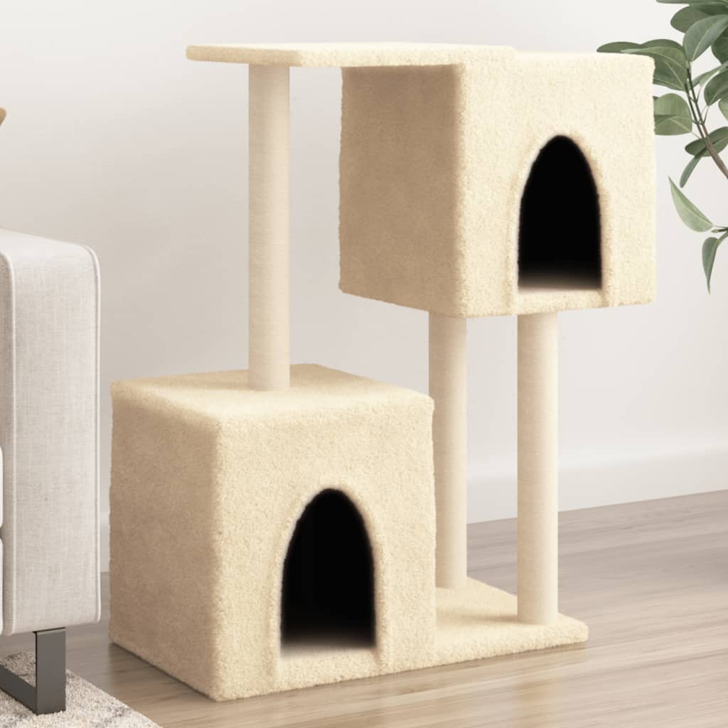 Cat house with sisal rope and scratching post, cream, 86 cm