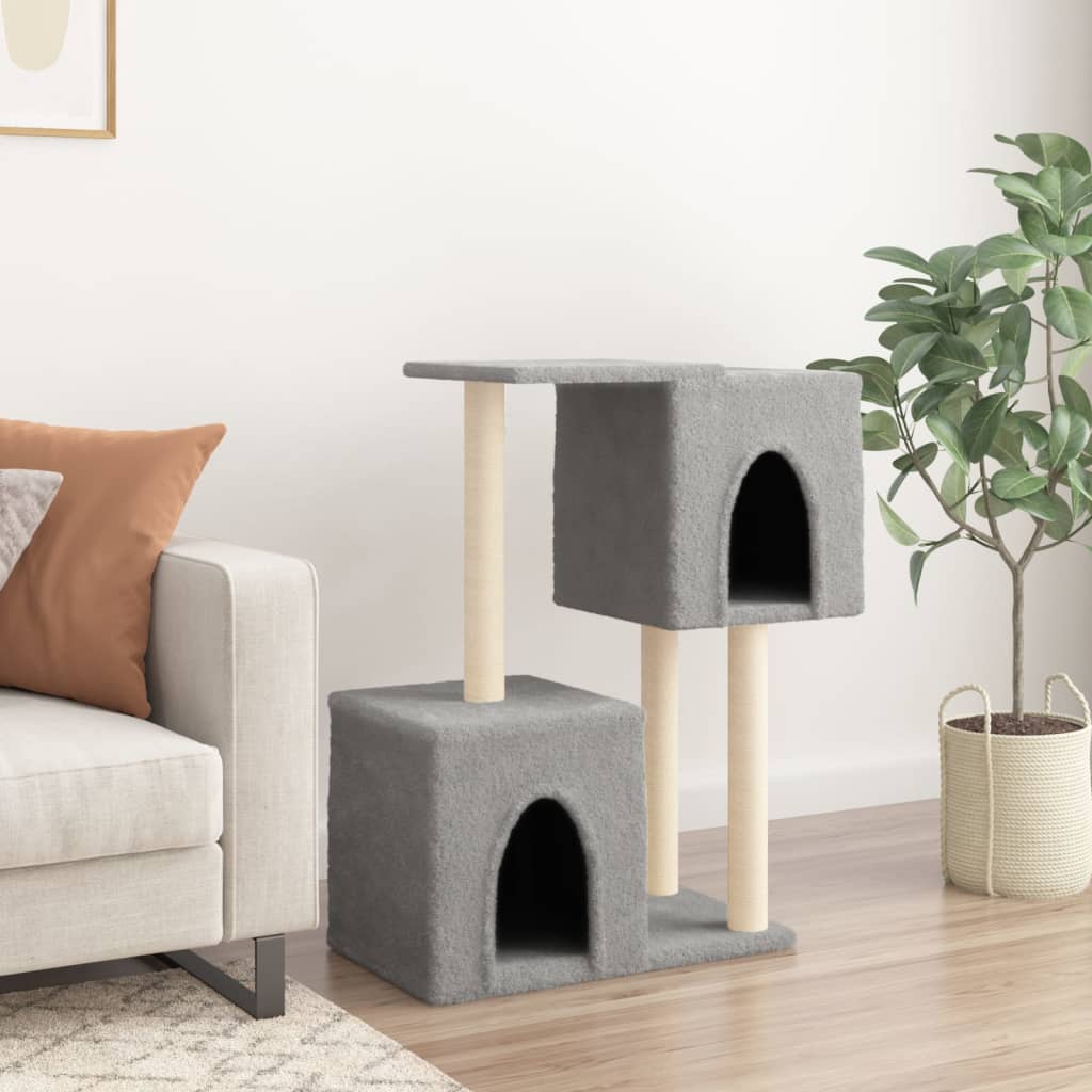 Cat house with sisal rope scratching posts, light grey, 86 cm