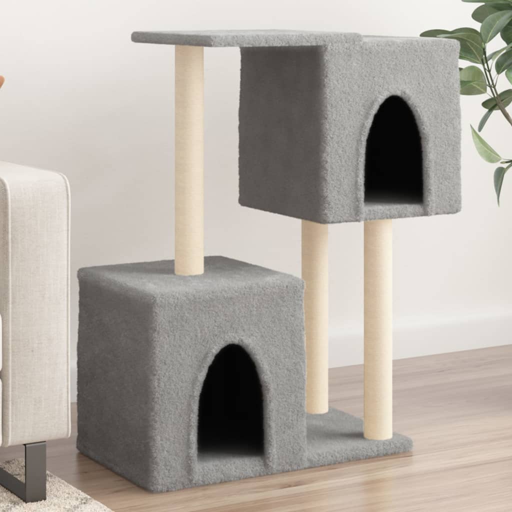 Cat house with sisal rope scratching posts, light grey, 86 cm