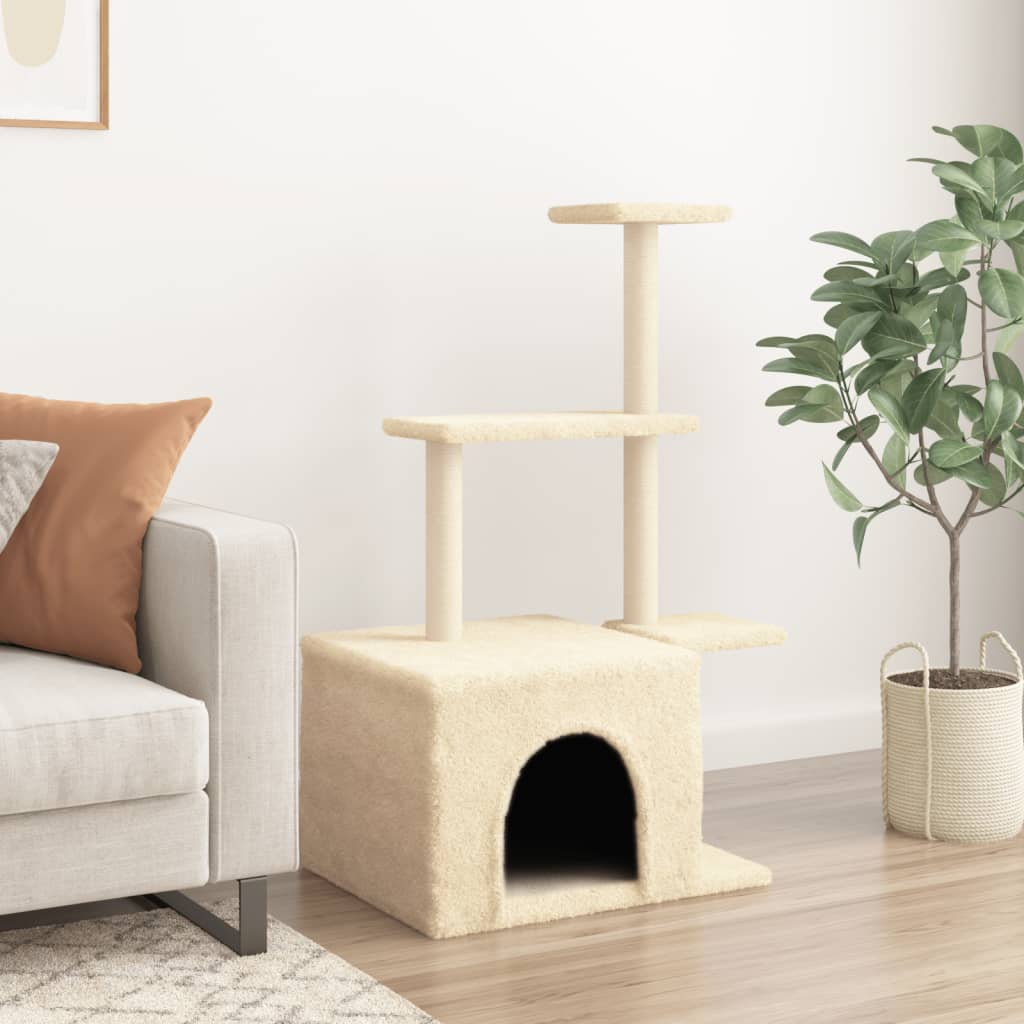 Cat house with sisal rope and scratching post, cream, 110 cm