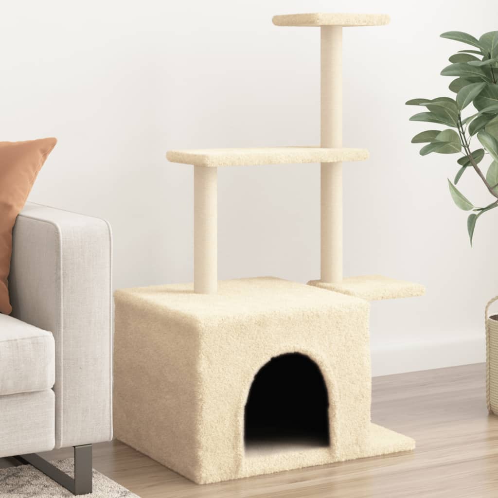 Cat house with sisal rope and scratching post, cream, 110 cm