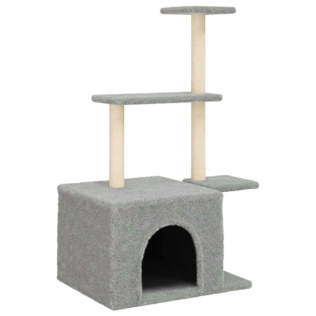 Cat house with sisal rope and scratching post, light grey, 110 cm