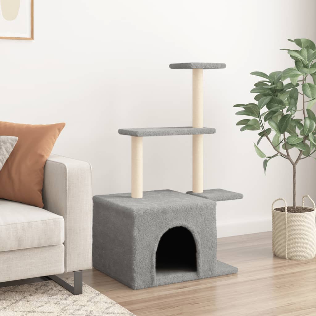 Cat house with sisal rope and scratching post, light grey, 110 cm