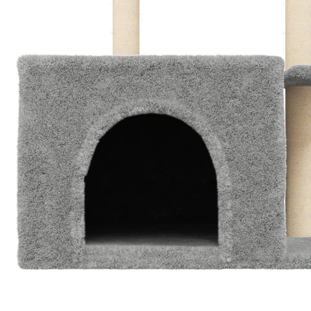 Cat house with sisal rope and scratching post, light grey, 110 cm