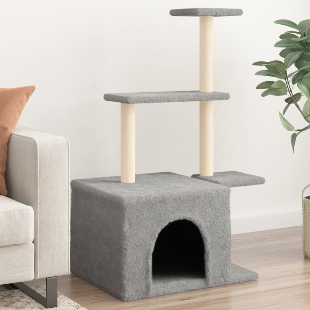 Cat house with sisal rope and scratching post, light grey, 110 cm