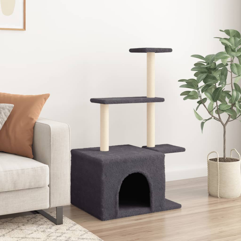 Cat house with sisal rope scratching posts, dark grey, 110 cm