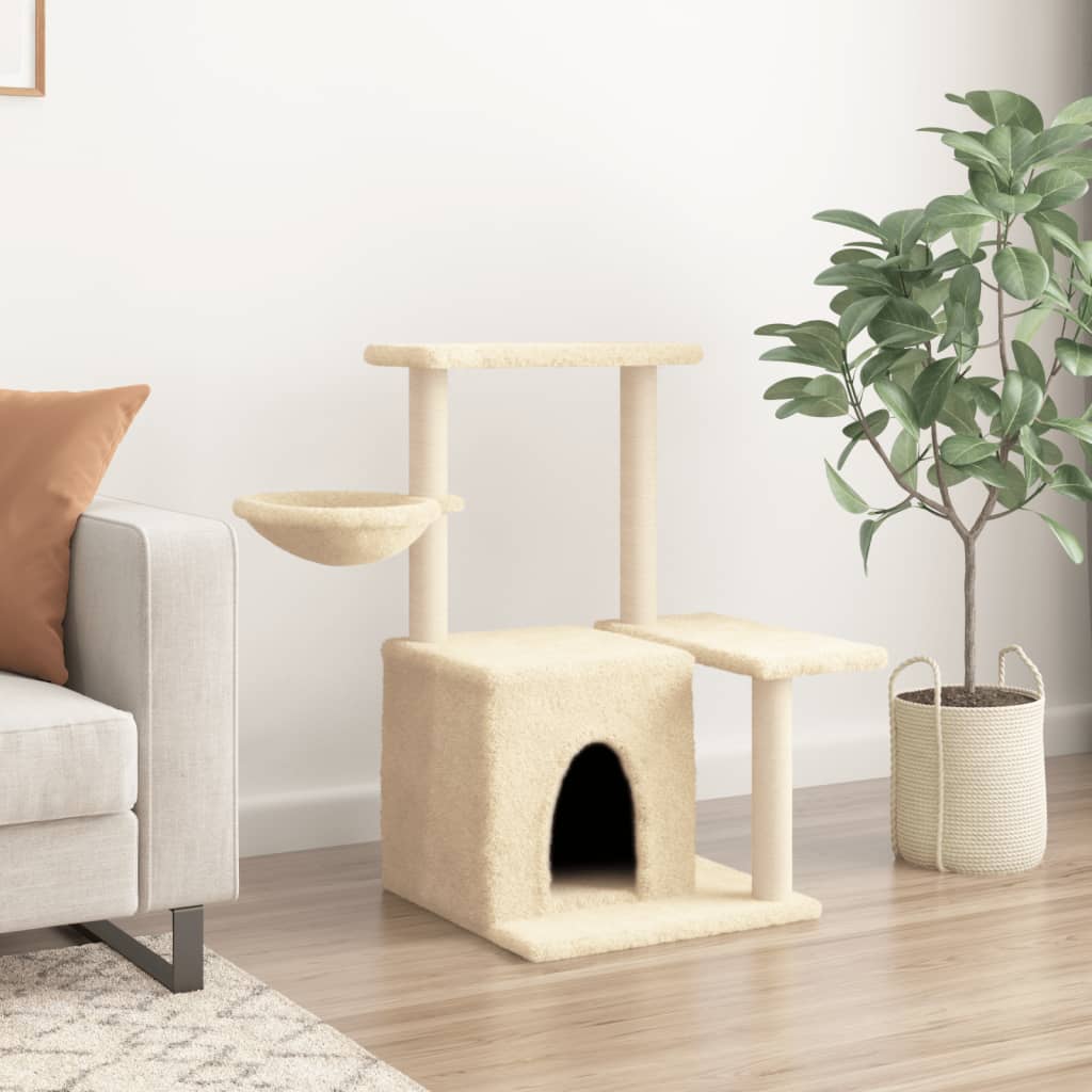 Cat house with sisal rope and scratching post, cream, 83 cm