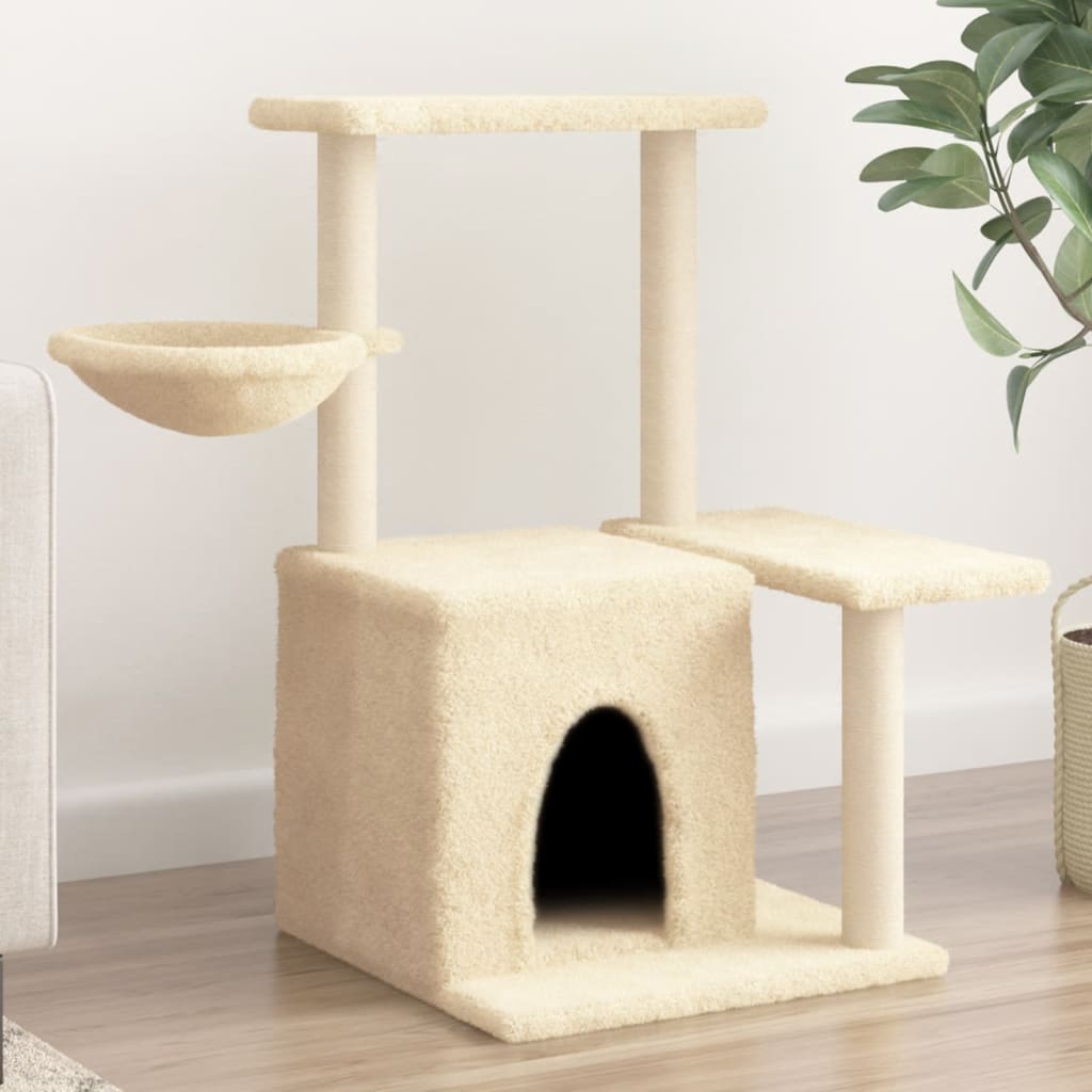 Cat house with sisal rope and scratching post, cream, 83 cm