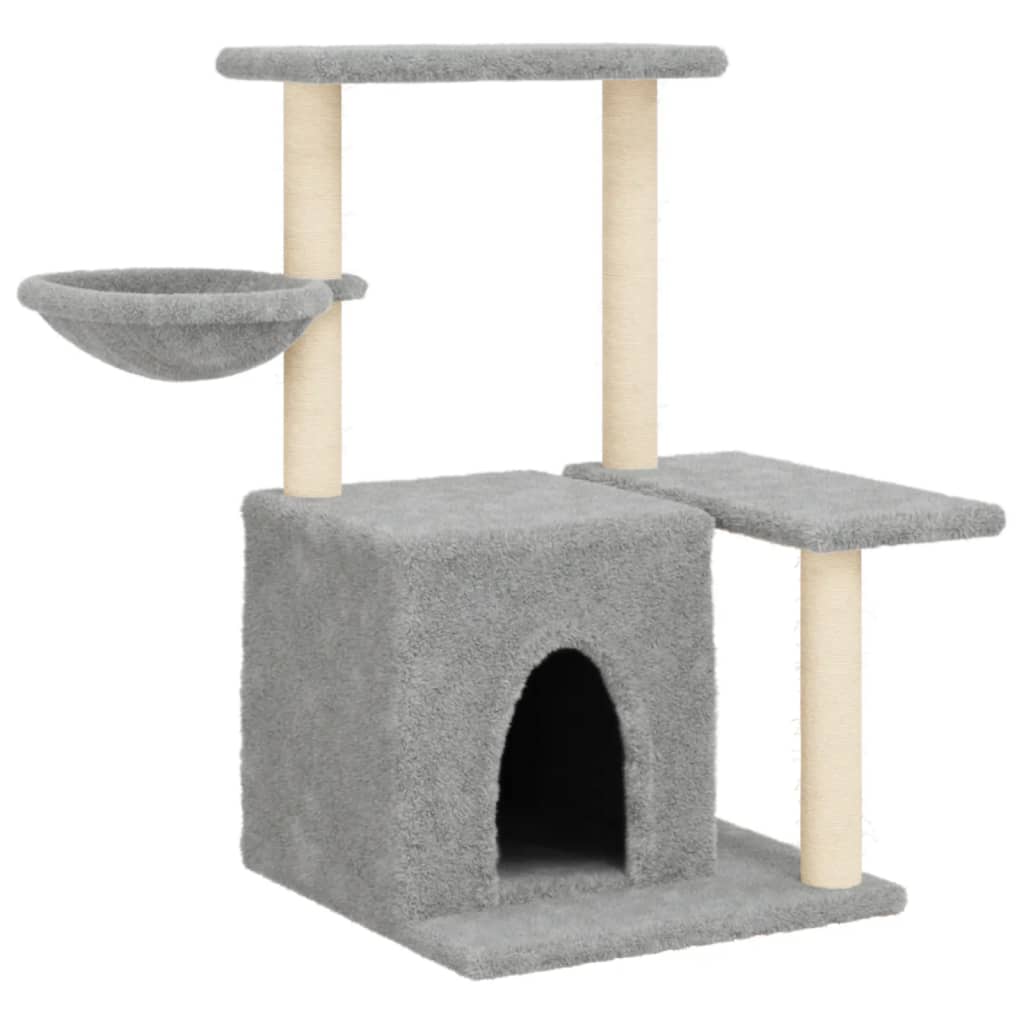 Cat house with sisal rope and scratching post, light grey, 83 cm