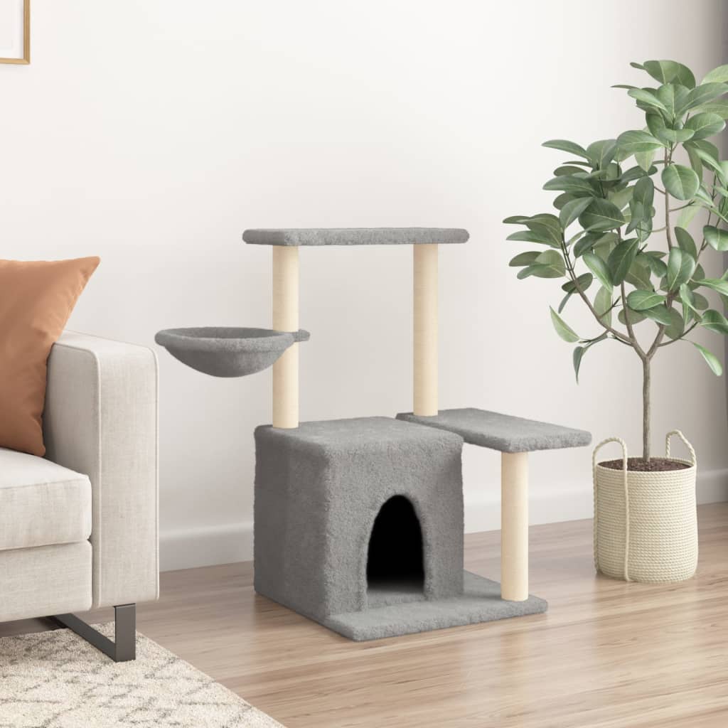 Cat house with sisal rope and scratching post, light grey, 83 cm