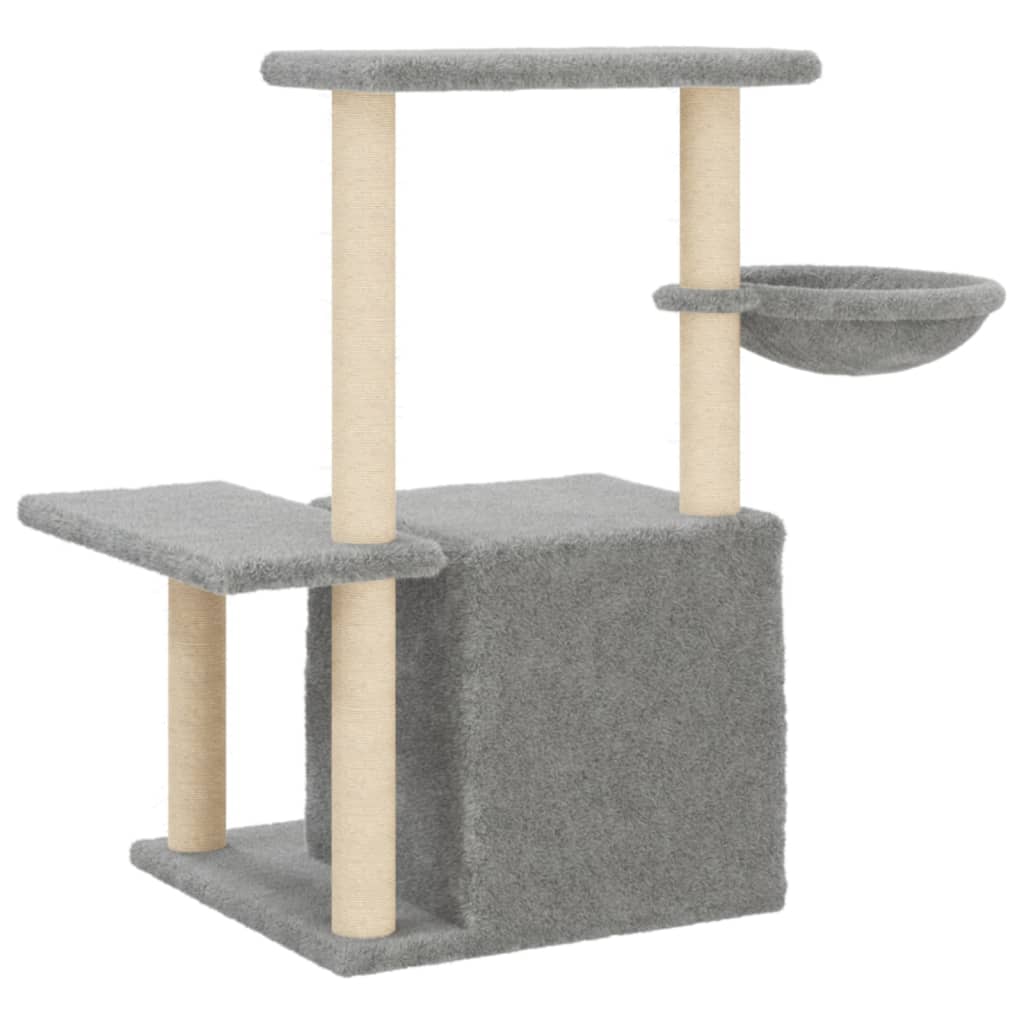 Cat house with sisal rope and scratching post, light grey, 83 cm