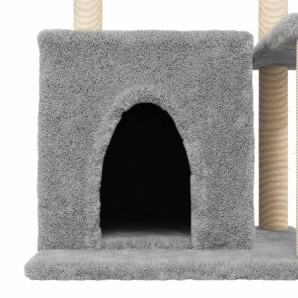 Cat house with sisal rope and scratching post, light grey, 83 cm