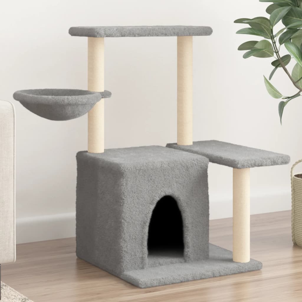 Cat house with sisal rope and scratching post, light grey, 83 cm