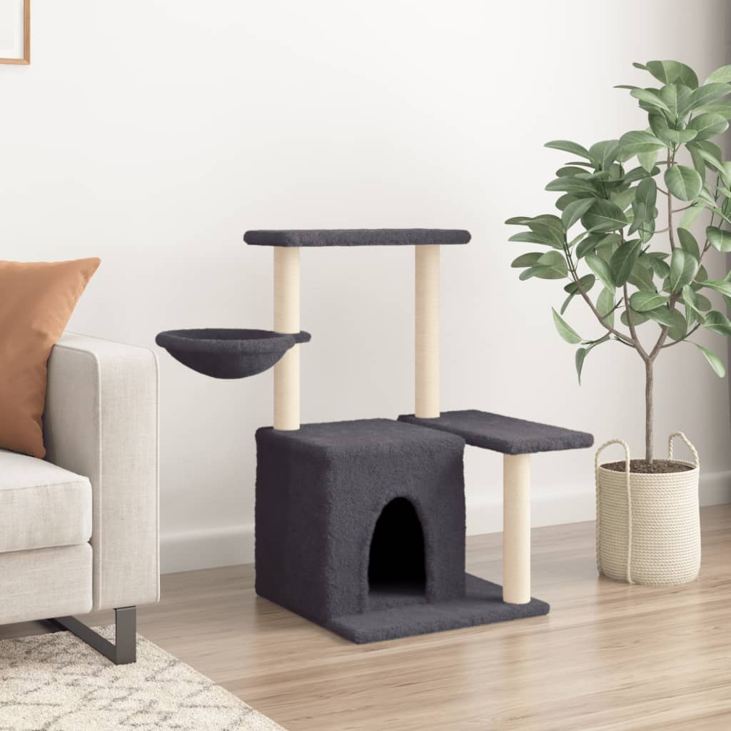 Cat house with sisal rope and scratching post, dark grey, 83 cm