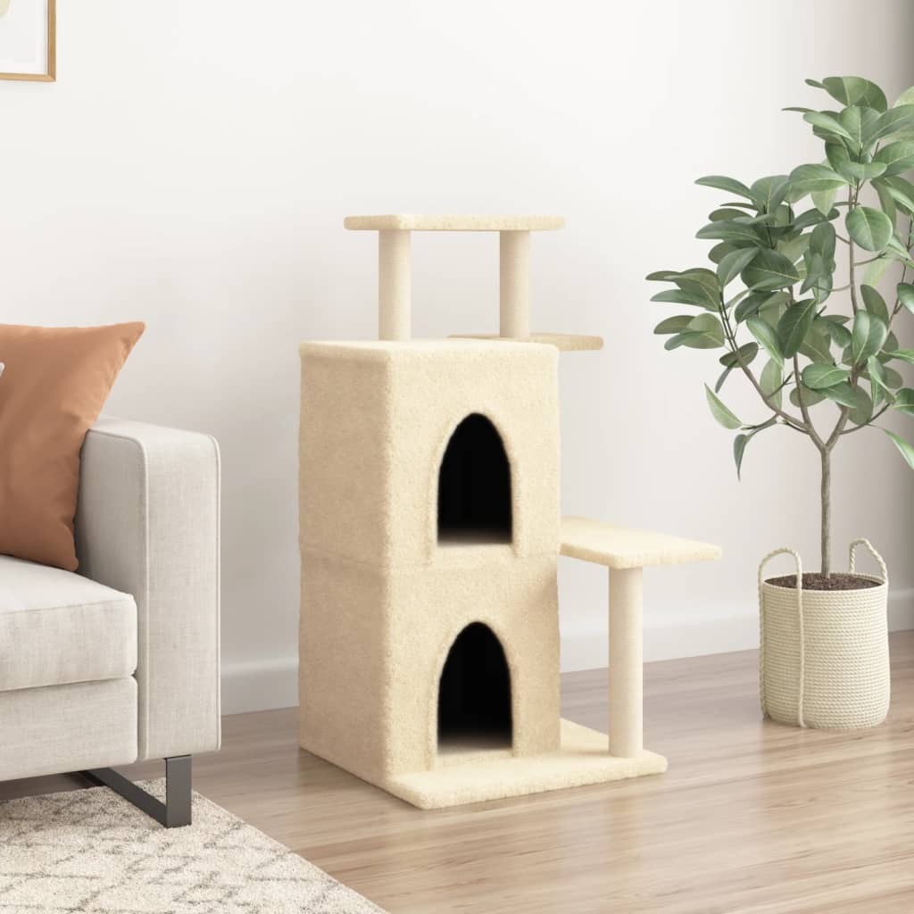 Cat house with sisal rope scratching posts, cream, 97 cm